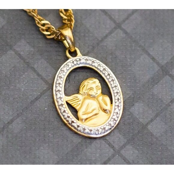 Vintage Gold and Silver Angel Pendant Necklace, 20 Inches - G36 - Picture 1 of 3